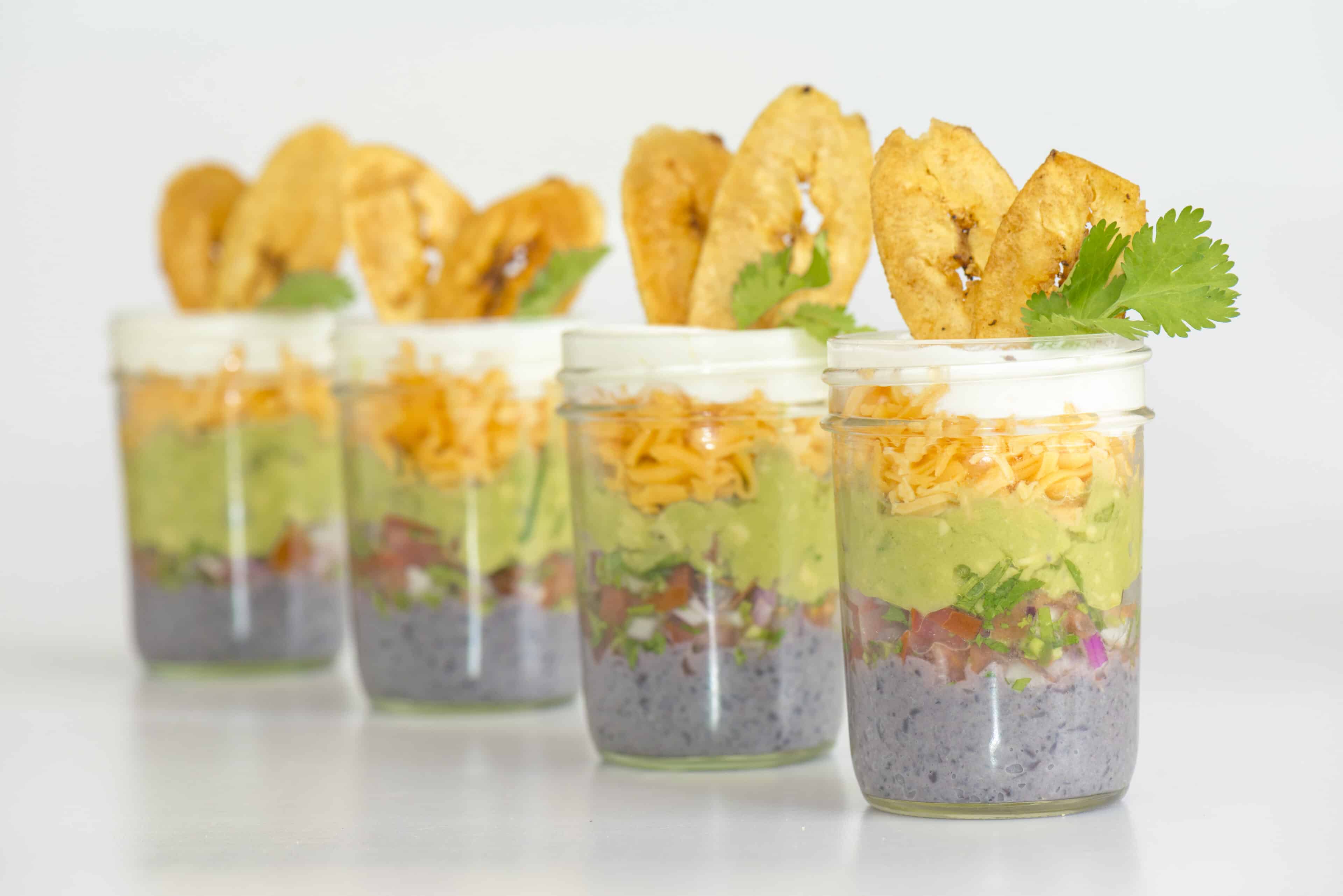 Five Layer Dip In Mason Jars, Plantain Chips NYC Catering