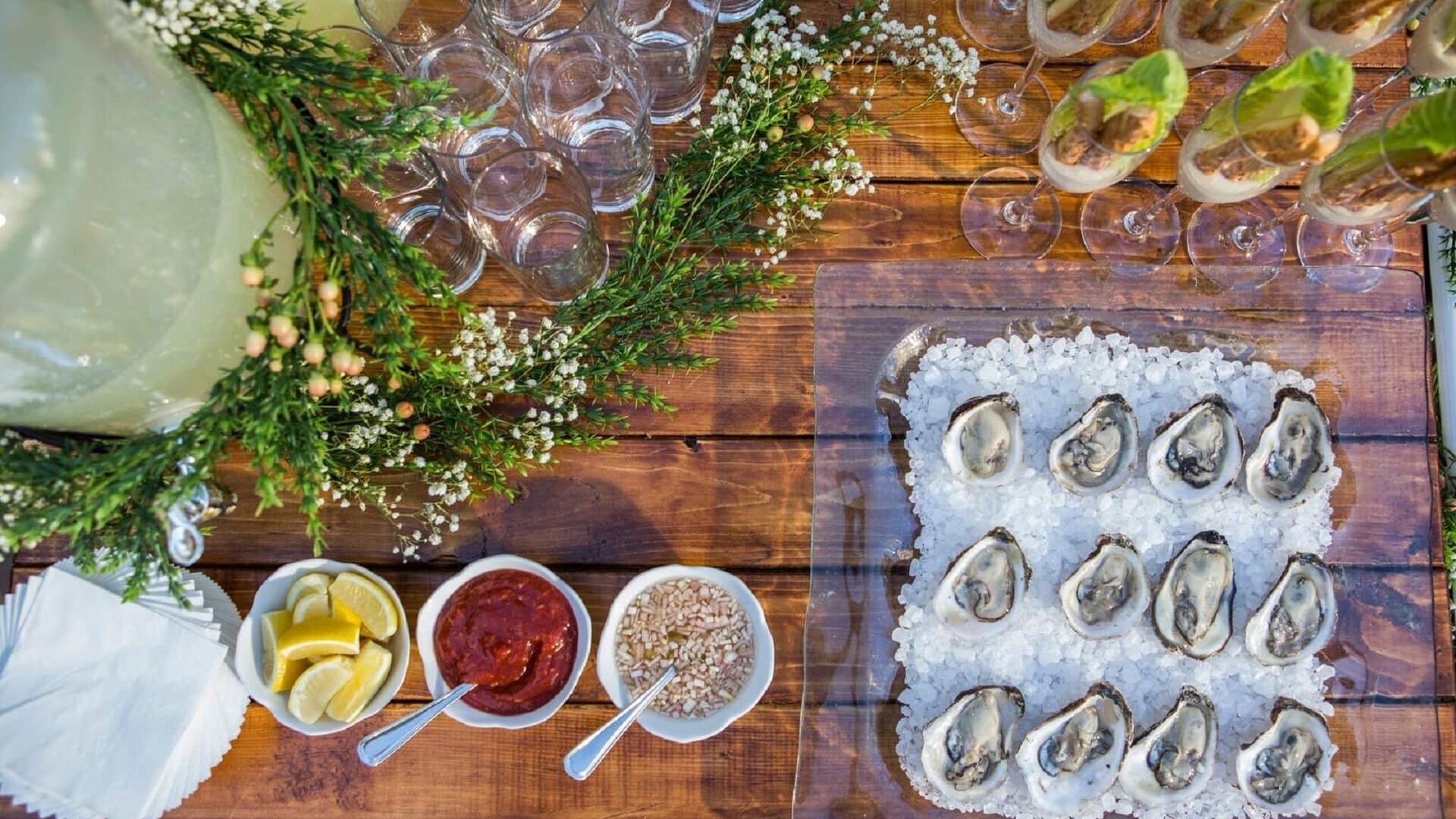 Cart with Oysters, Caesar Salad Flutes, Lemonade