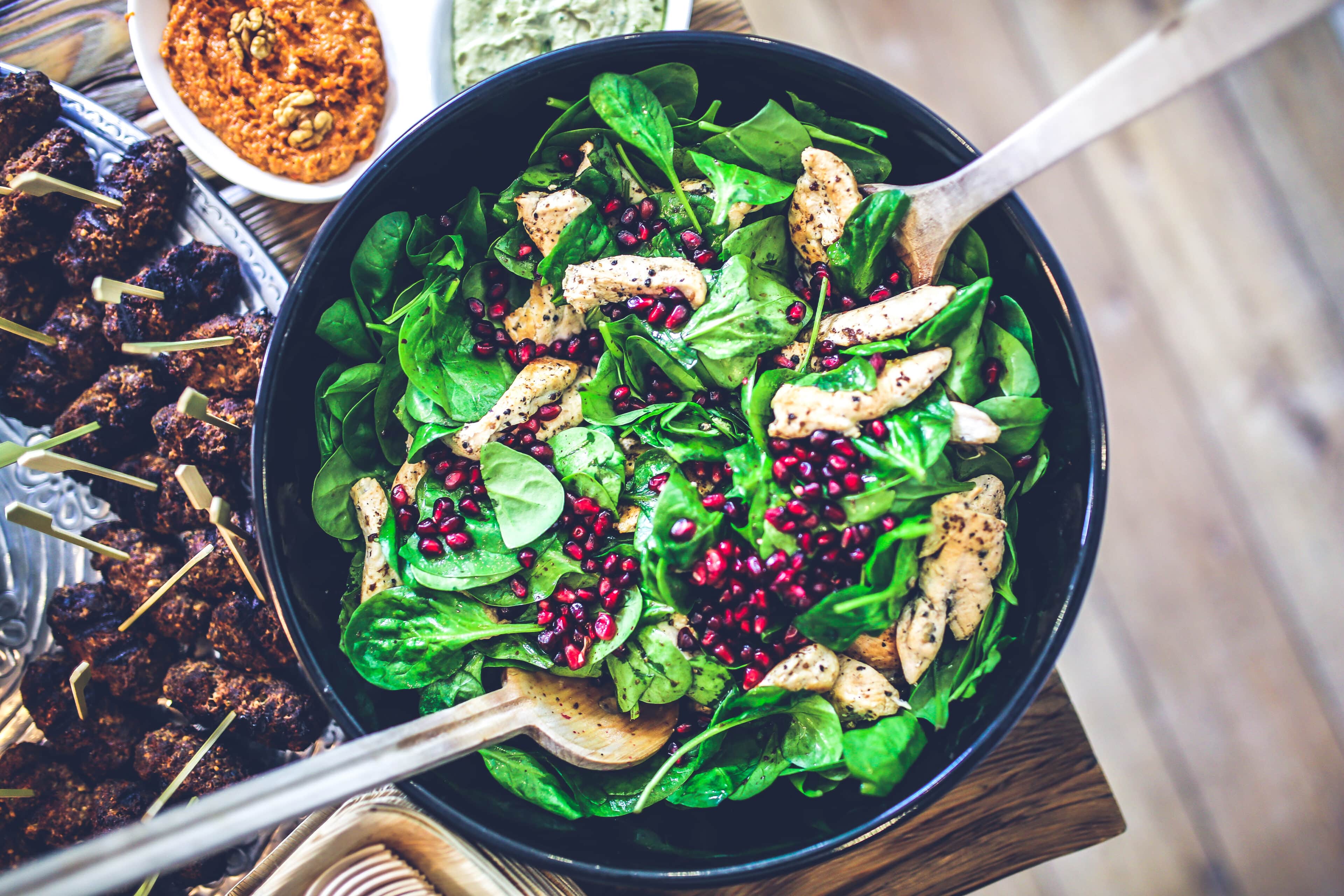 Spinach Salad, Pomegranate Seeds, Grilled Chicken NYC Catering